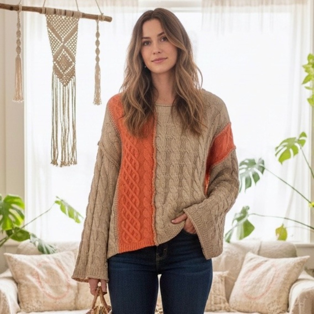POL Colorblock Cable Knit Sweater Orange Beige Relaxed Fit Bell Sleeve Medium